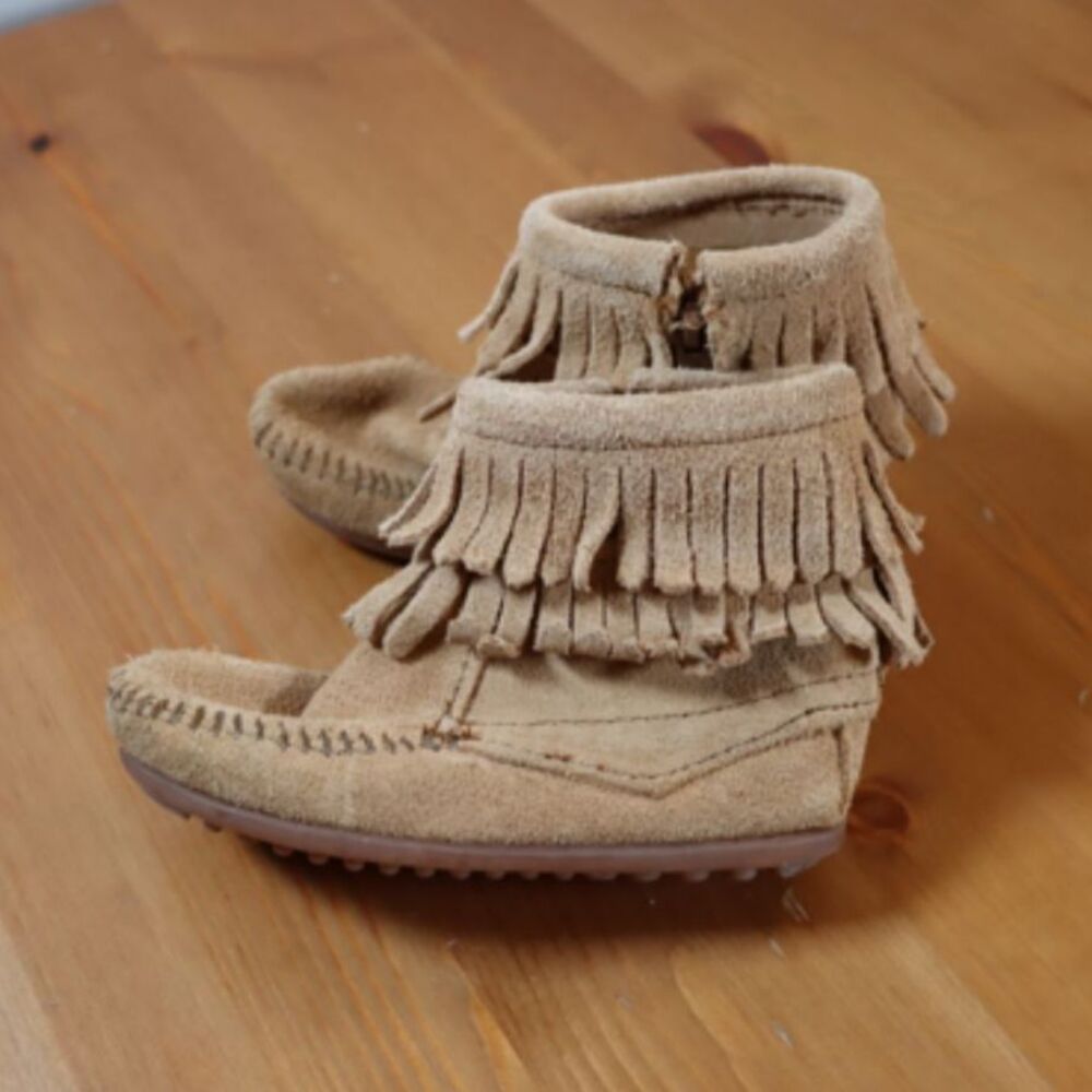 Minnetonka Kids Leather Moccasin Ankle Booties Brown Fringe Size 8